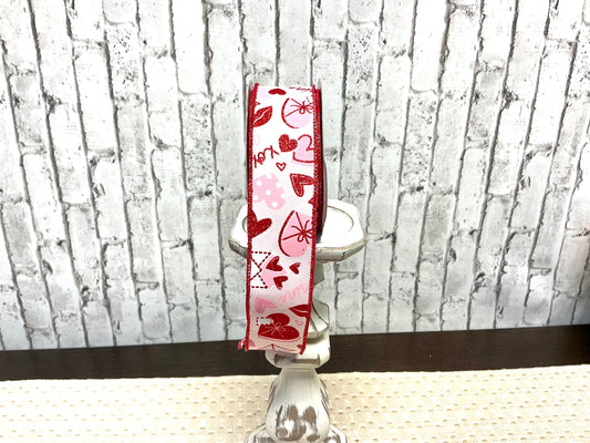 Pink, Red and white Heart Valentine ribbon, 1.5”x10yds, Wired, RGF116215