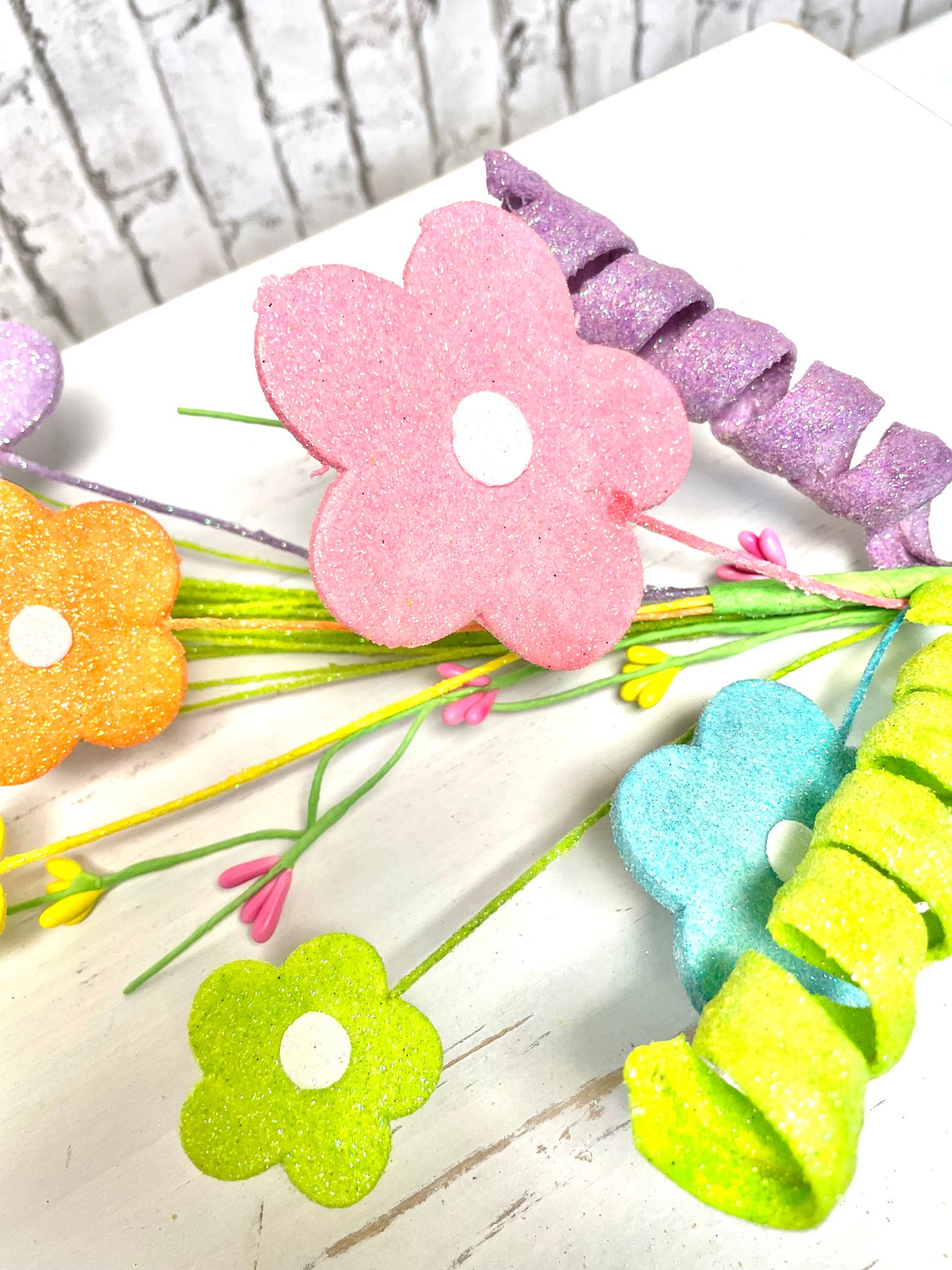 Spring spray, flower spray, 61960EAS, spring glitter flower spray, spring flower pick, glitter flower pick