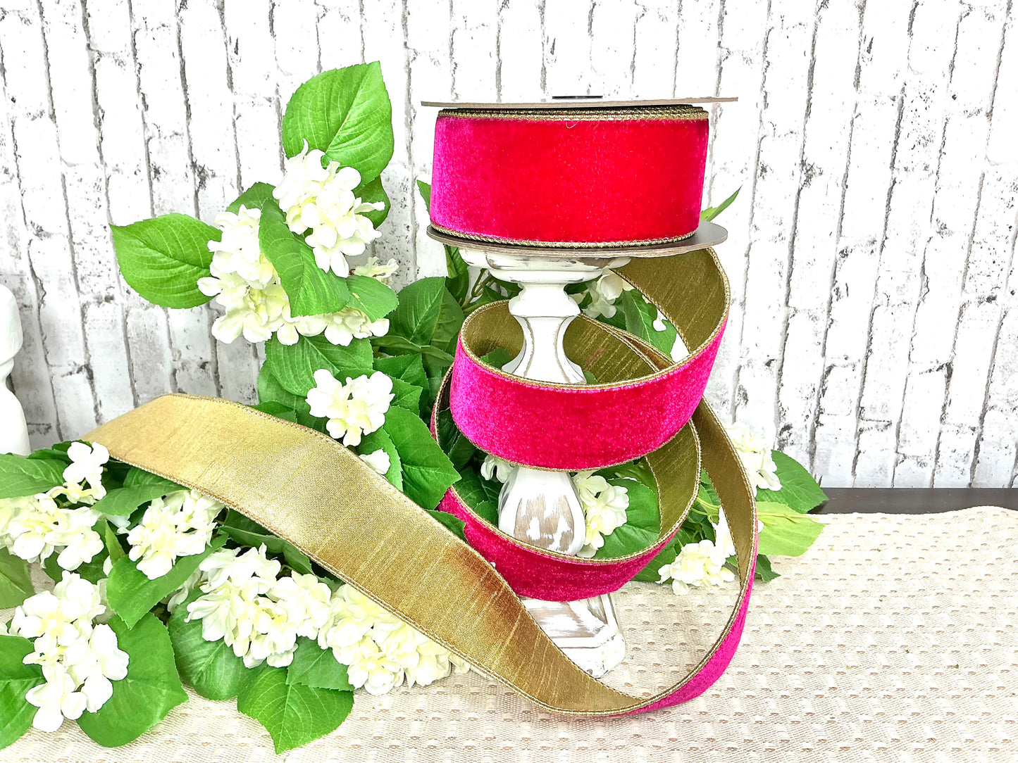 Hot Pink velvet ribbon with gold, D Stevens, 05-1750