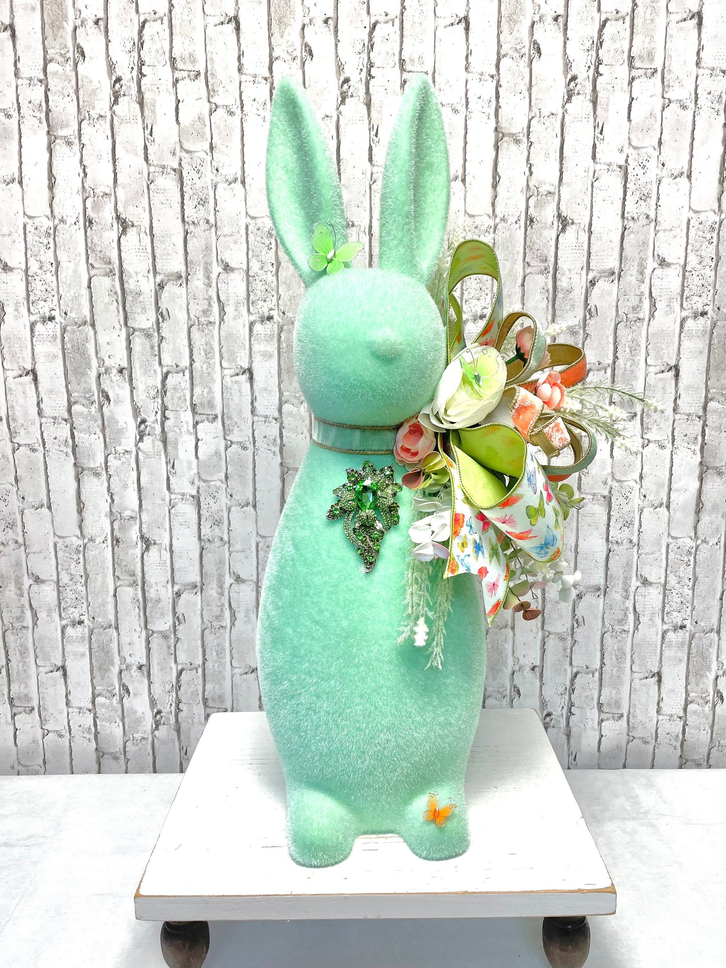 Flocked Easter bunny with jewels and florals, X-Large flocked bunny, mint flocked bunny, Easter decor, not styrofoam, shipping included