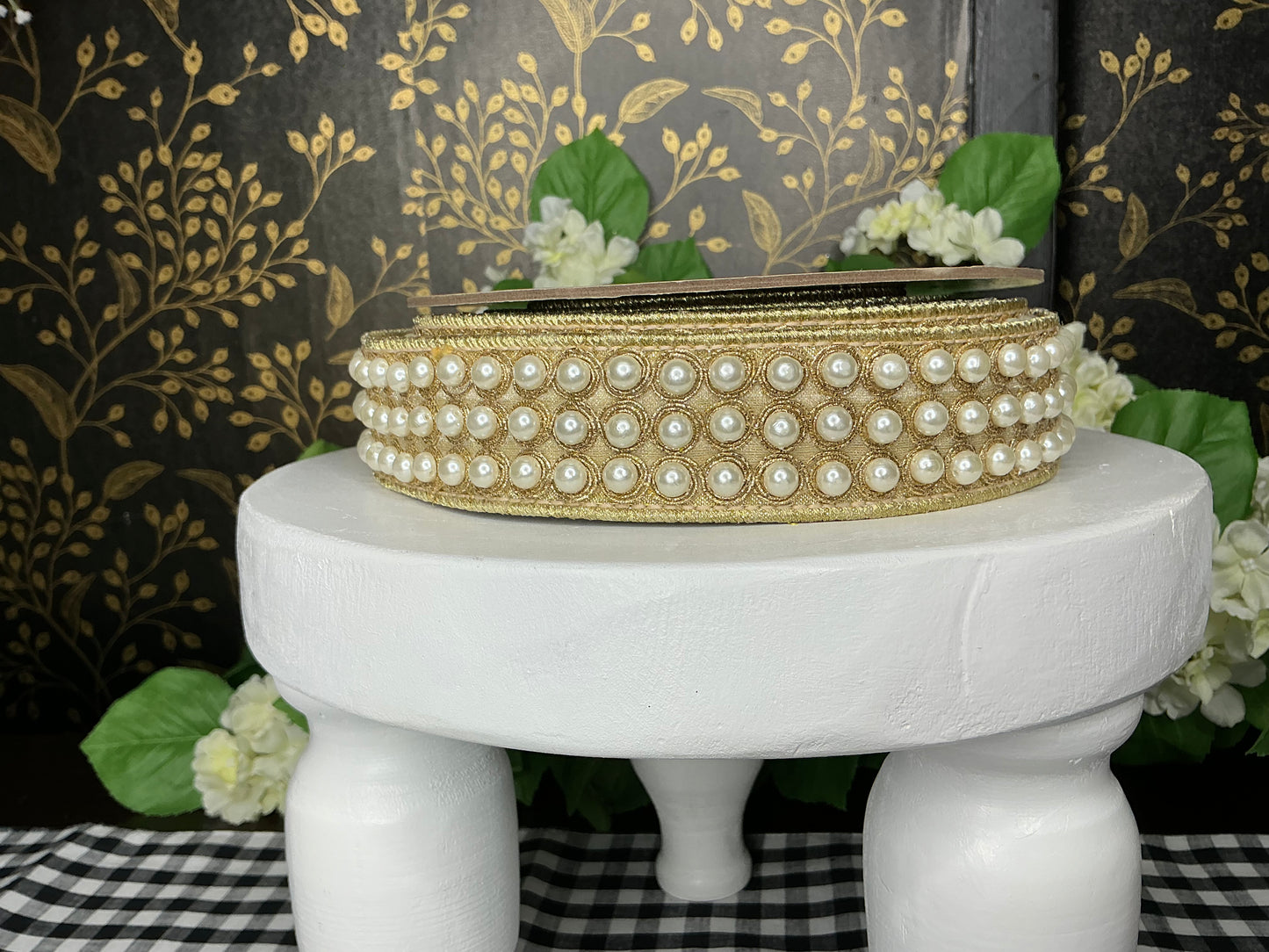 Gold Metallic Ribbon with Pearls - d stevens