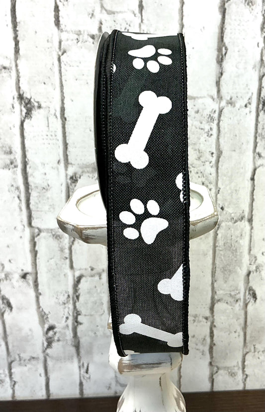 Paw Print and Bones Ribbon, Black and White, Wired, 1.5” x 10YD, RGA115002
