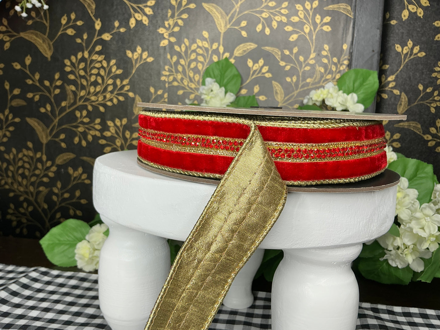 Red Velvet ribbon with gold and red jewel center trim - d stevens