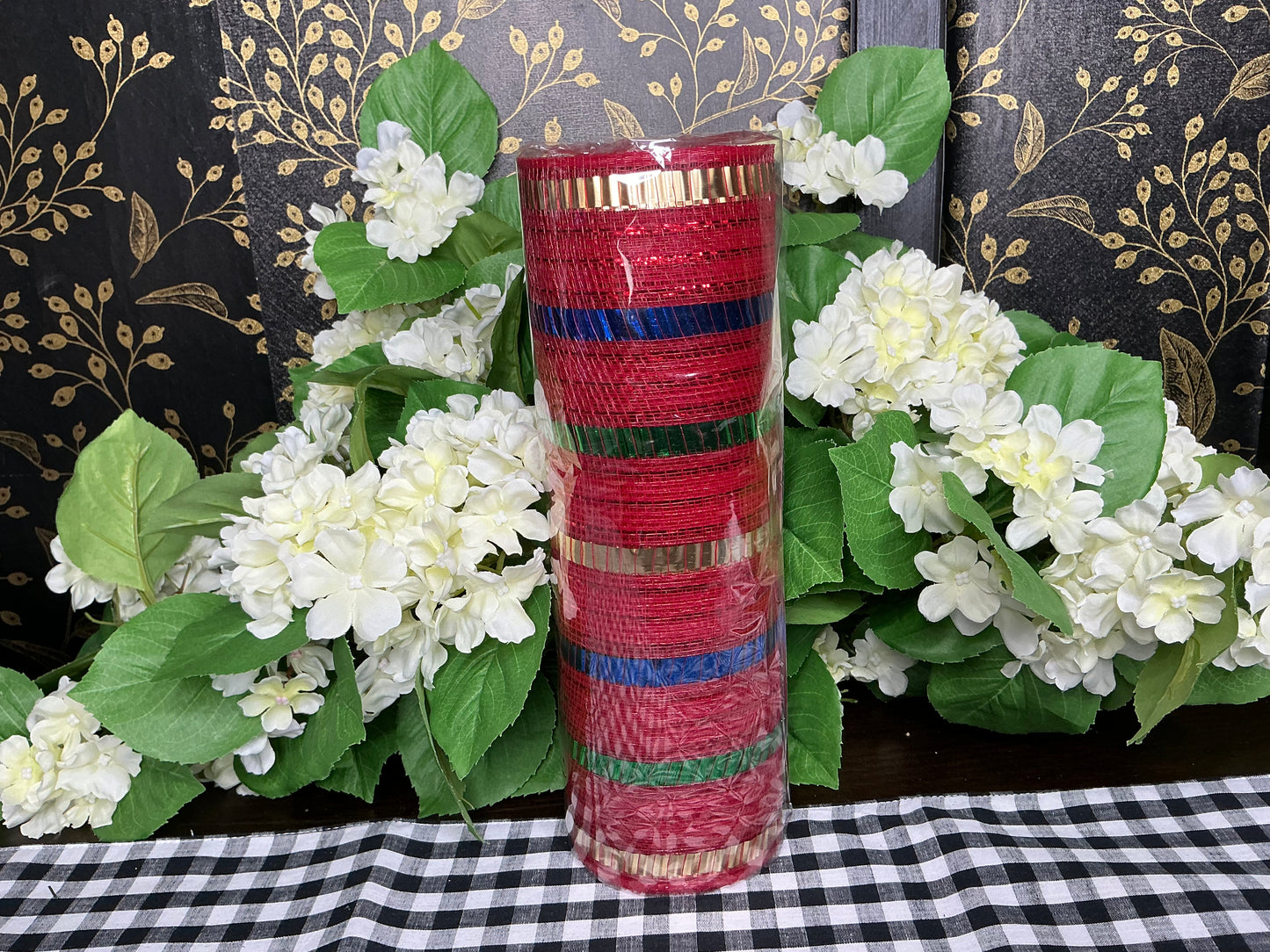 Red mesh with Blue/Green/Gold Stripes