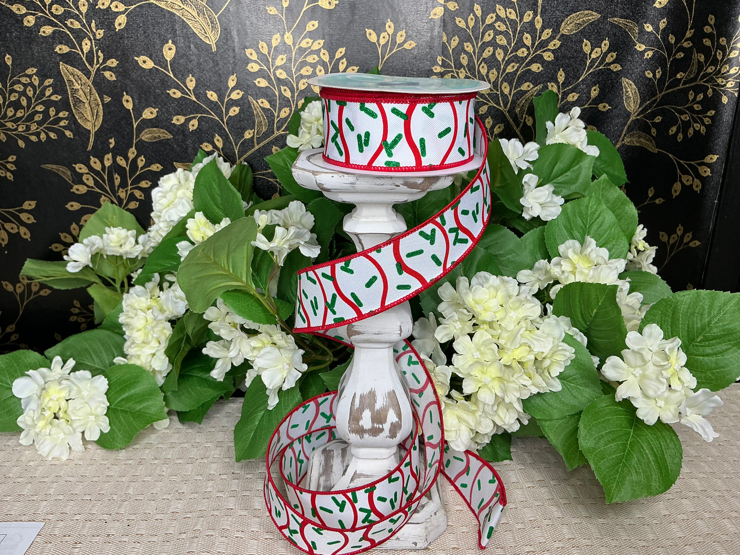 White ribbon with red stripes and green sprinkles, RGH101267