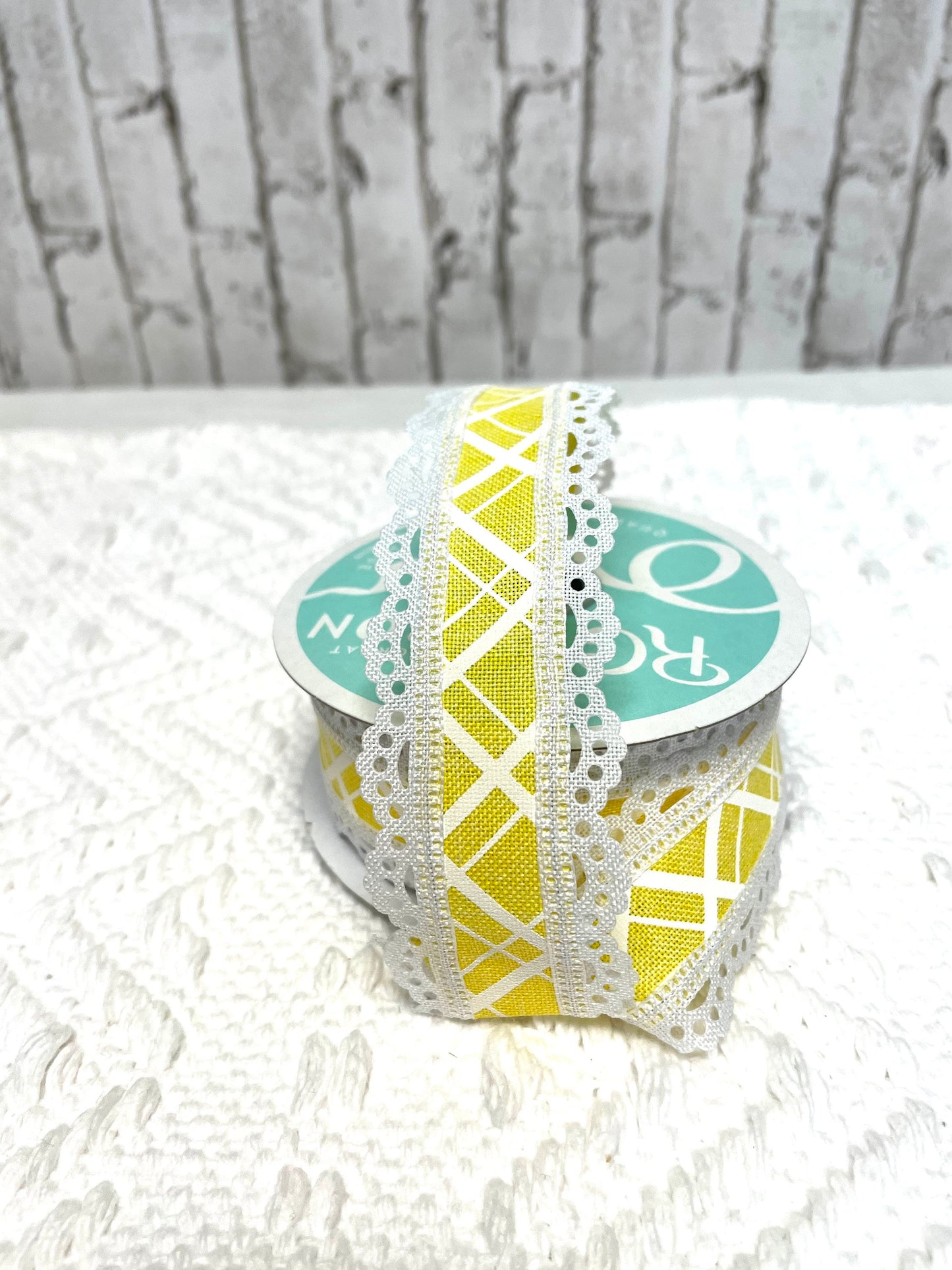 Yellow check ribbon with lace trim, RGA856529, 1.5 yellow ribbon with lace trim, spring ribbon, summer ribbon, everyday ribbon