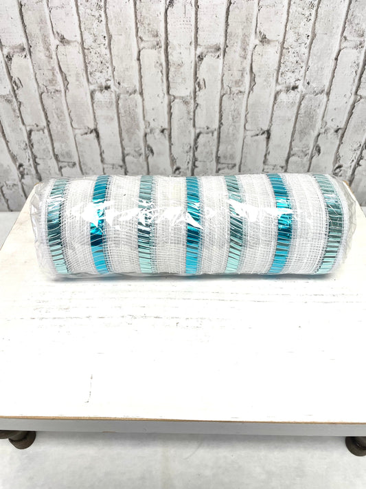 RY8514EX, white mesh with aqua and ice blue metallic stripes