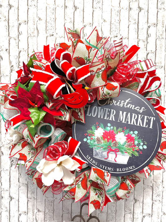 Christmas wreath with flower market sign, Christmas wreath, flower market wreath, Christmas decor, free shipping