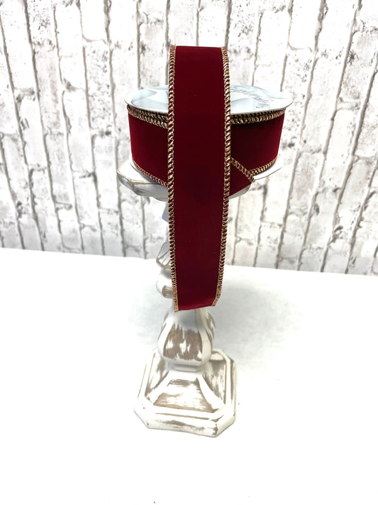 1.5 dark maroon velvet ribbon trimmed in gold, RL194505