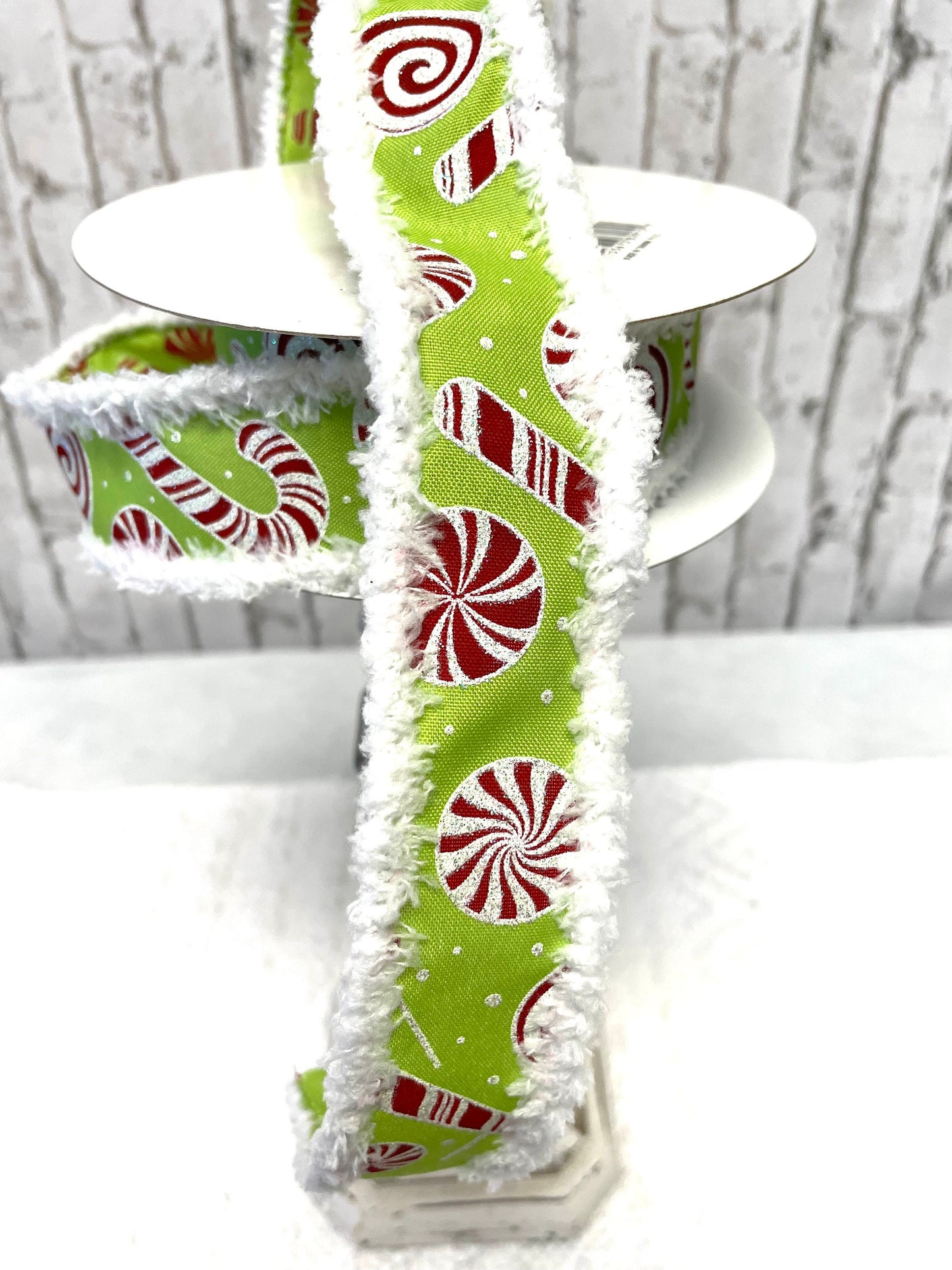 Christmas ribbon, peppermint ribbon, candy themed ribbon, RGO839433, lime green peppermint ribbon