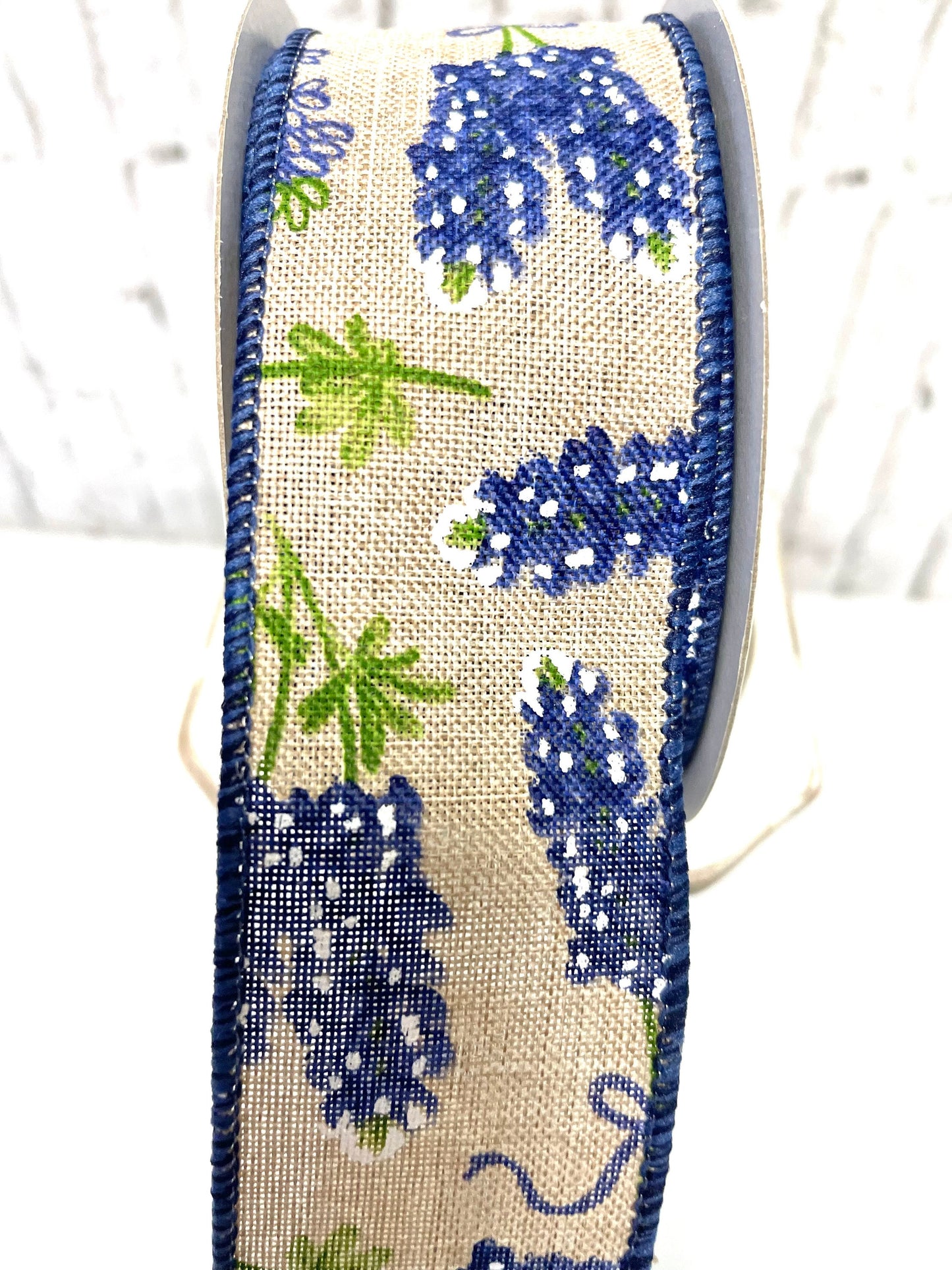 Burlap with blue bonnets, RGF108418, blue bonnet ribbon, spring ribbon, summer ribbon