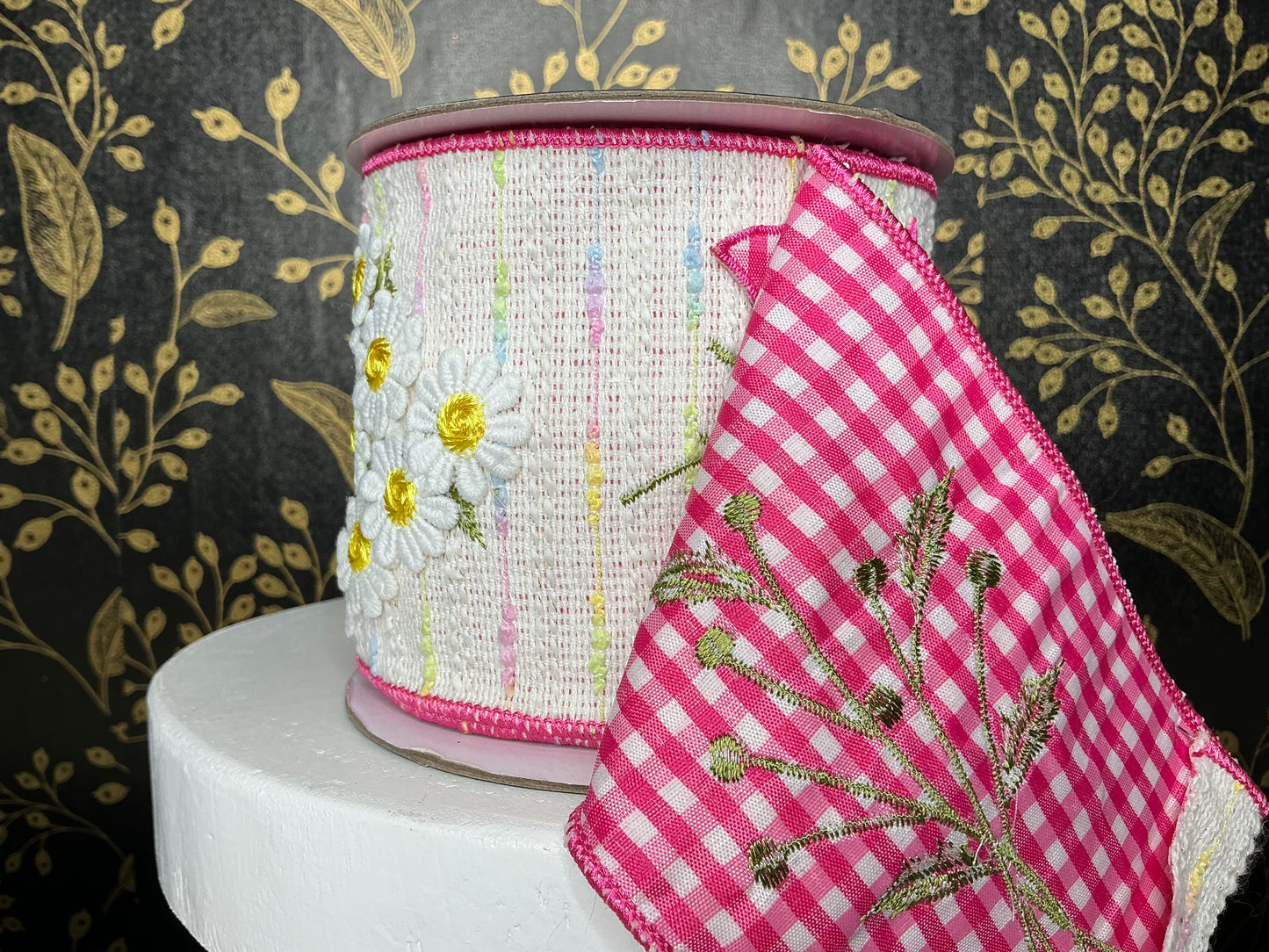 Floral ribbon with pink gingham, Nancy Brown, 4”x5YD, 20-SP2065G