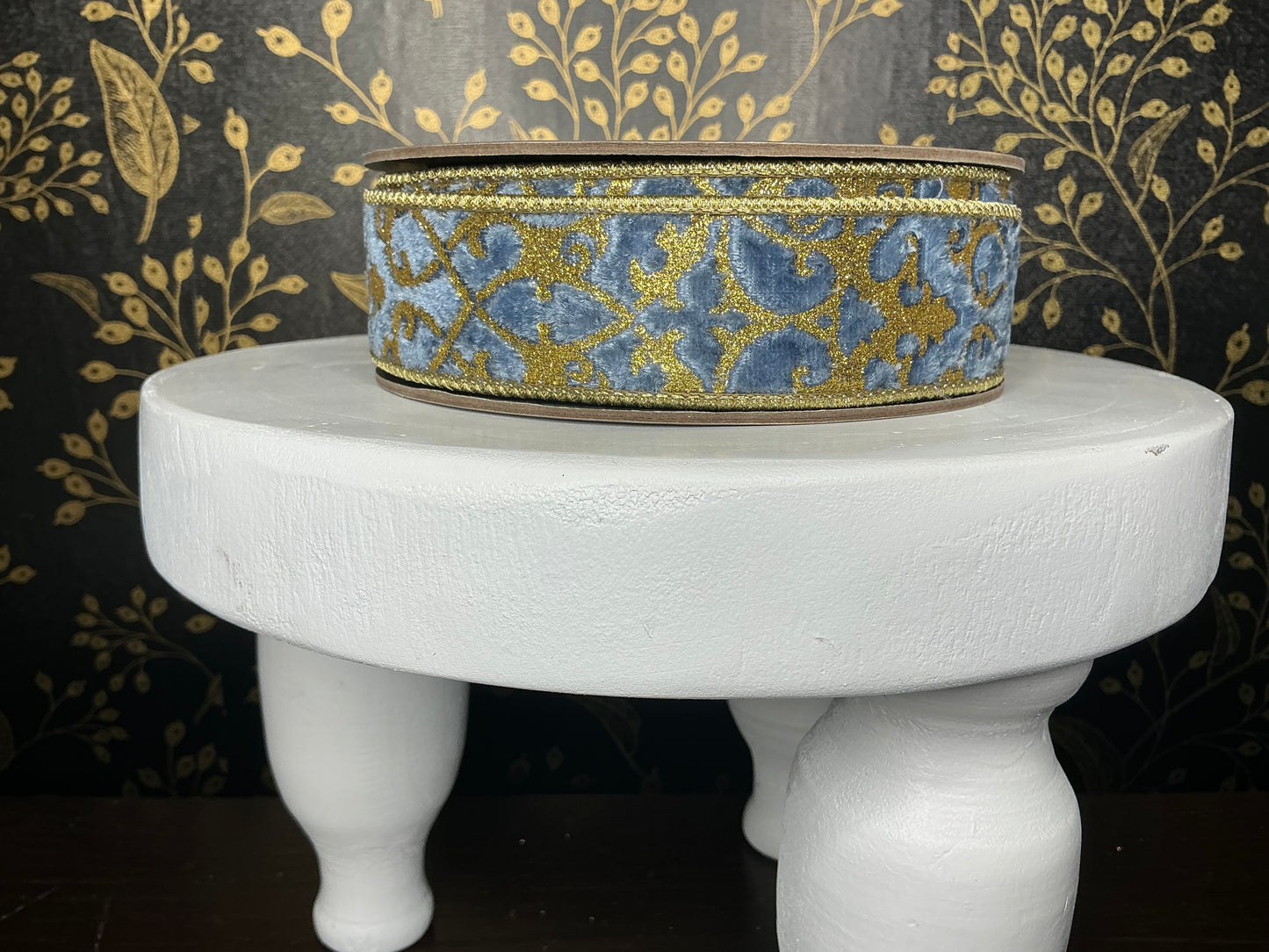 Dusty Blue Velvet/Gold Treillage Ribbon - d stevens