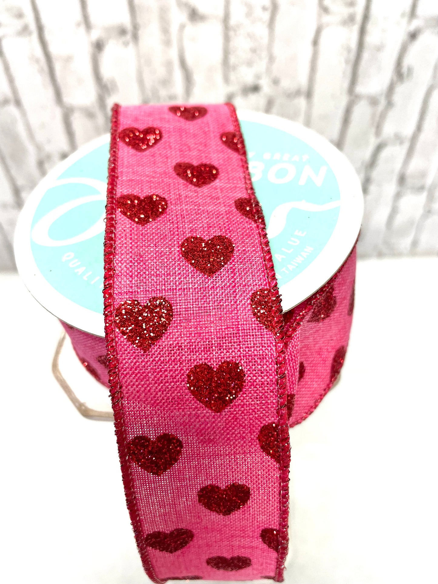 RGA173711, hot pink royal burlap ribbon with red glitter hearts
