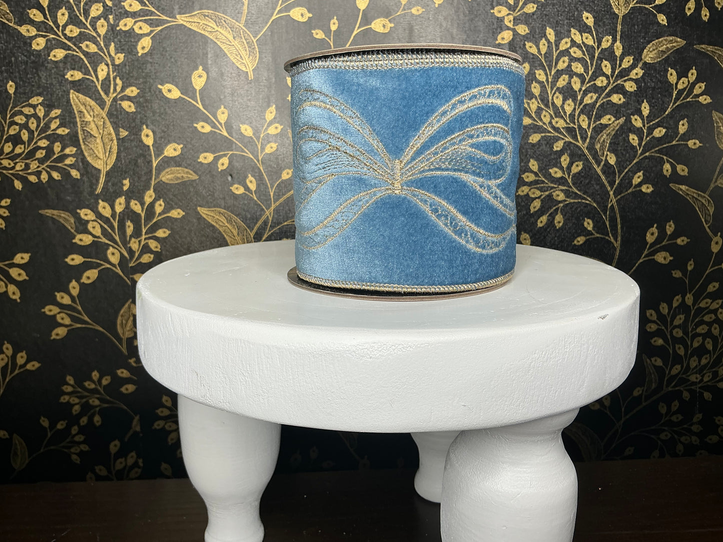 Dusty Blue Velvet Ribbon with Embroidered Bow - d stevens