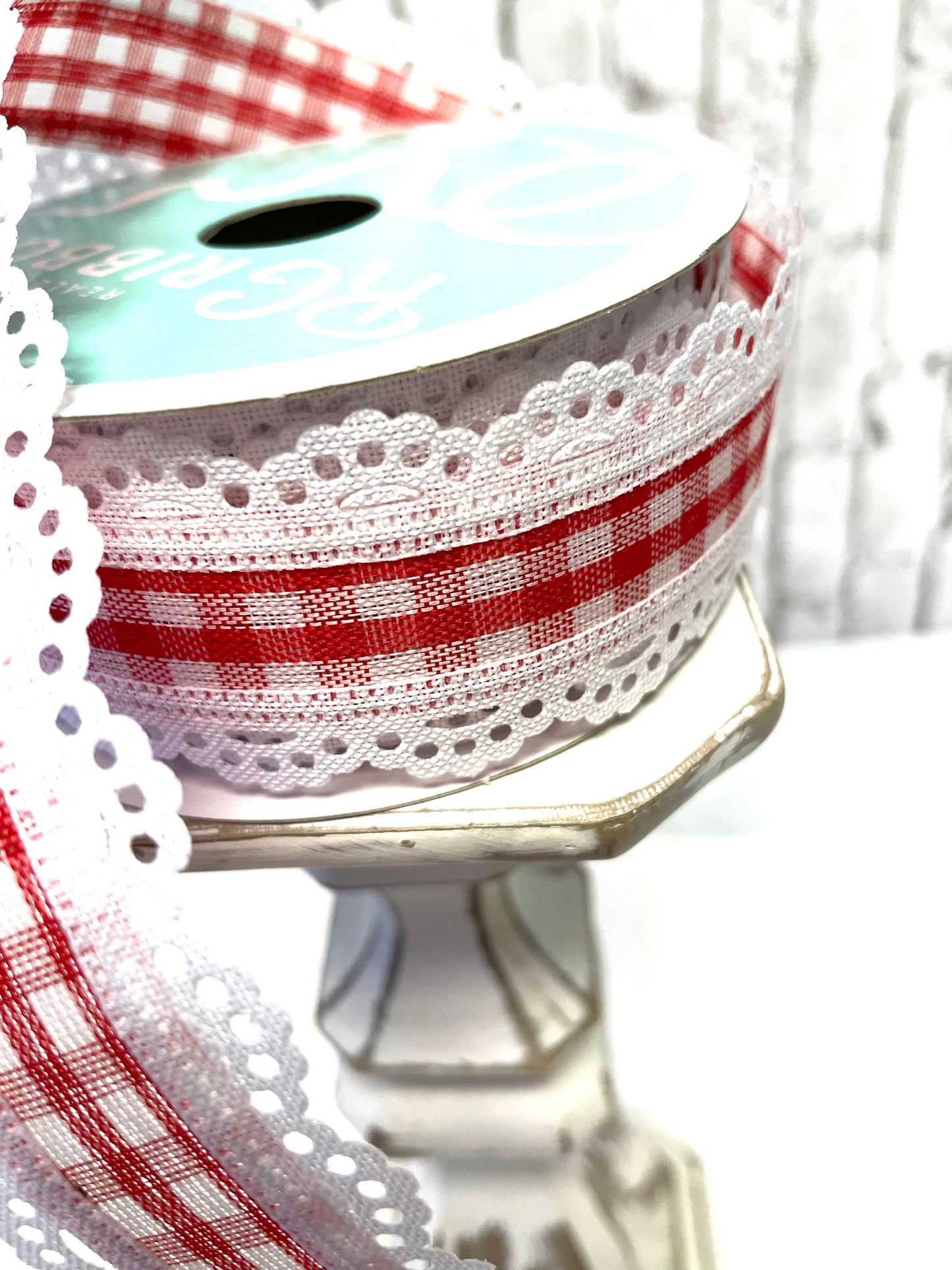 Christmas ribbon, everyday ribbon, RGA154367, red check ribbon, lace trim ribbon, farmhouse ribbon, rustic ribbon, country ribbon