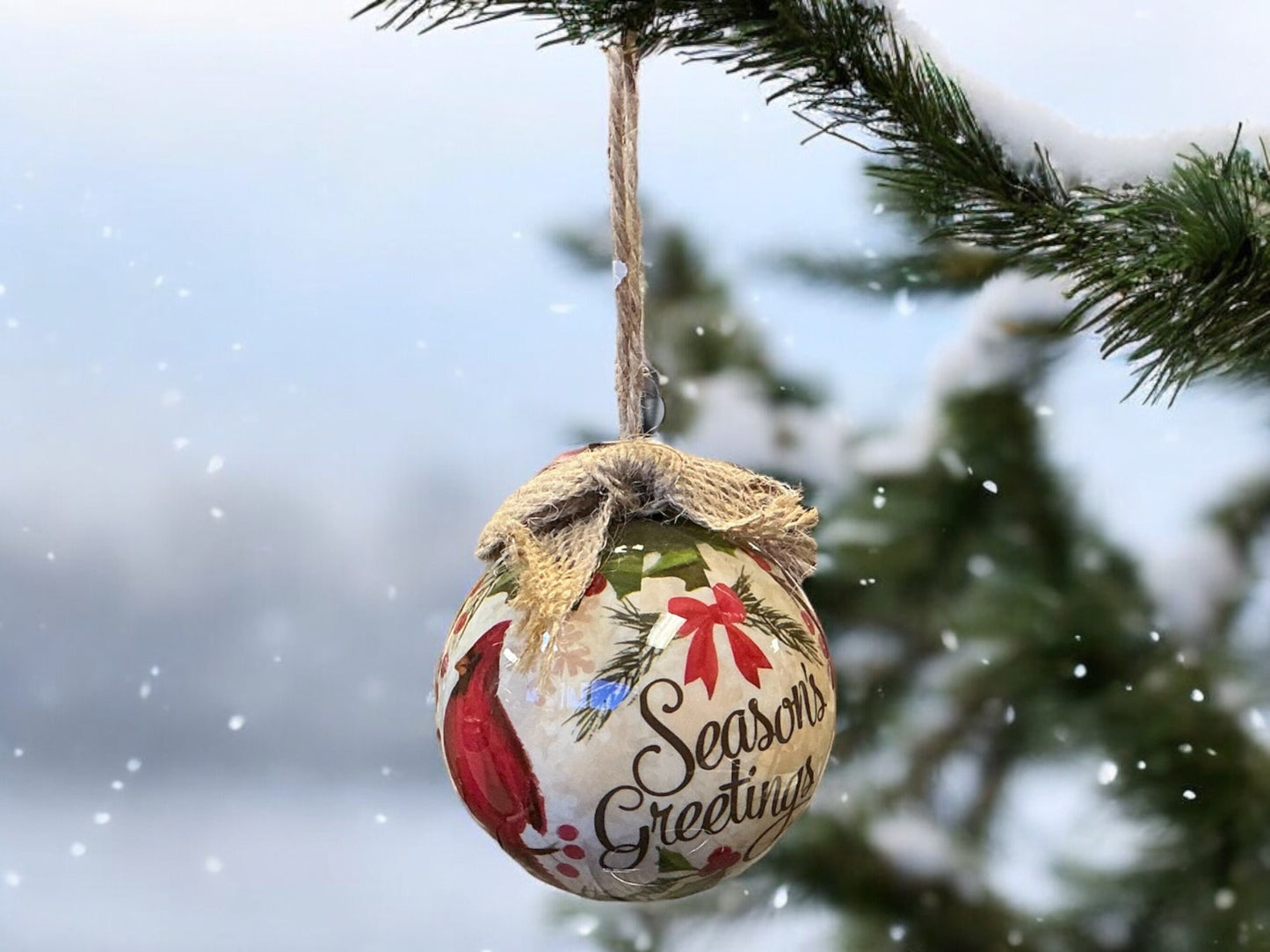 Seasons Greetings Christmas ornament with Cardinal
