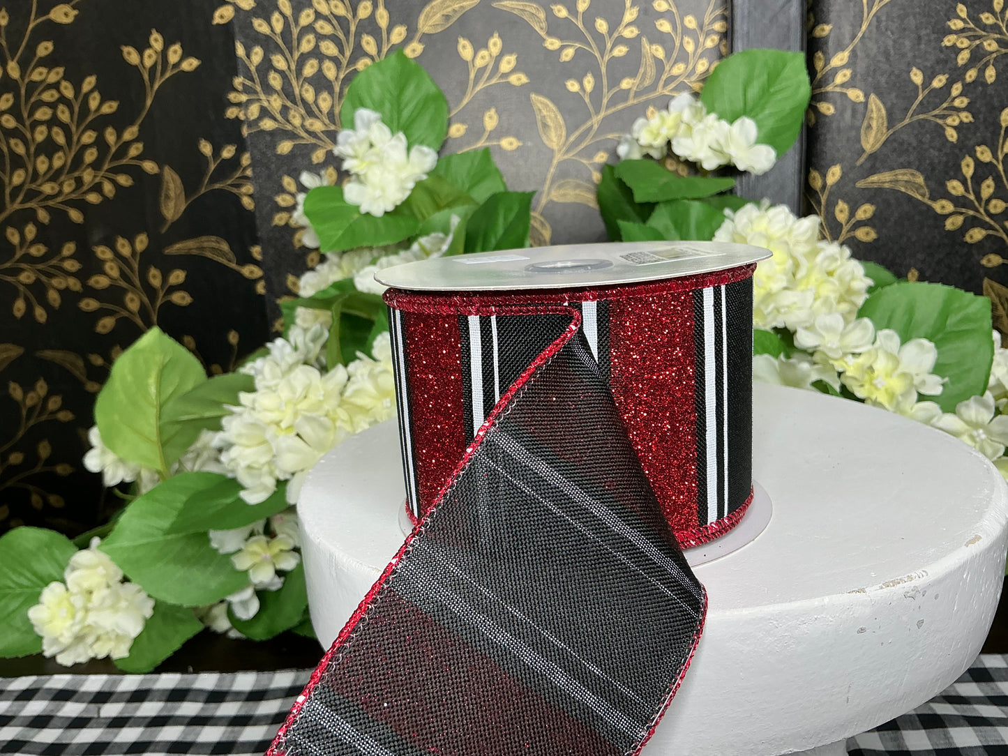 Black/Red/White stripe ribbon - 2.5”