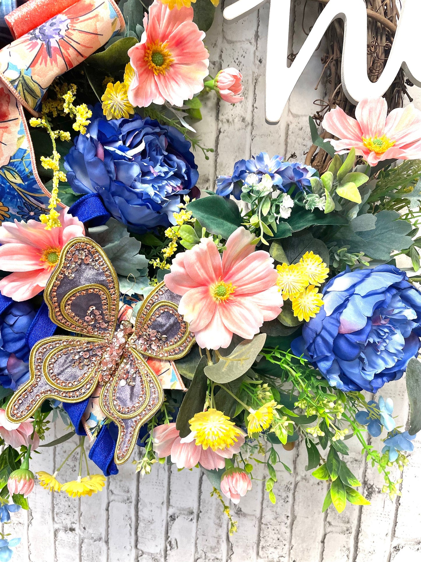spring wreath, summer wreath, grapevine wreath, peach wreath, blue wreath, housewarming gift, butterfly wreath, shipping included