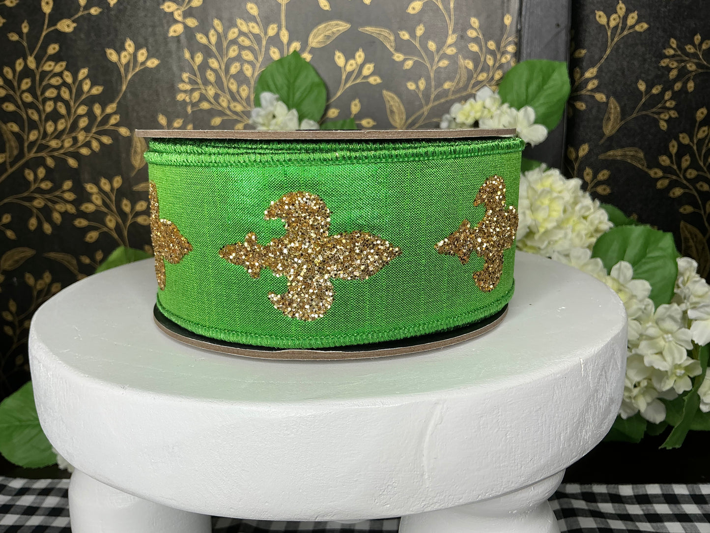 Green Metallic Ribbon with Gold Glitter Fleur de lis - d stevens