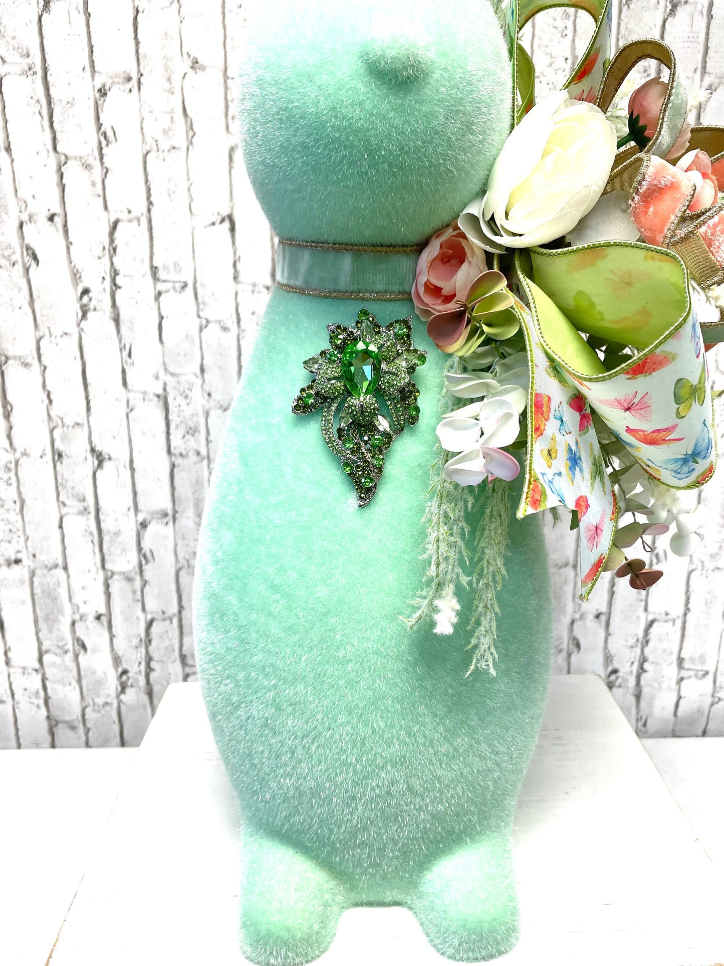 Flocked Easter bunny with jewels and florals, X-Large flocked bunny, mint flocked bunny, Easter decor, not styrofoam, shipping included