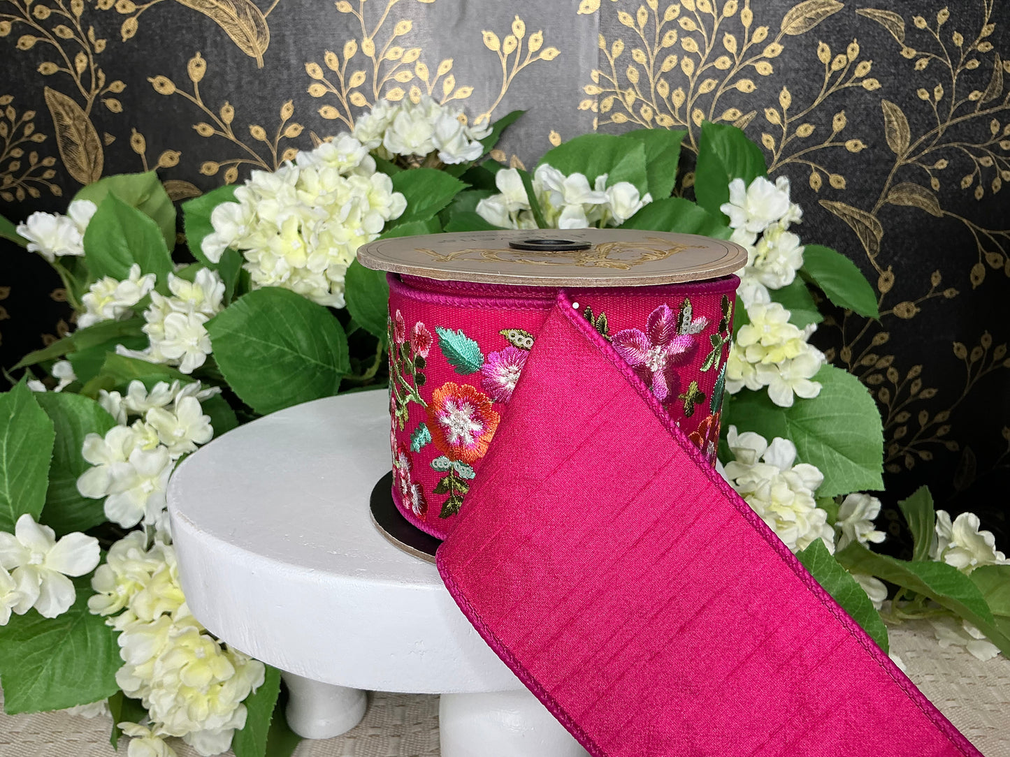 Hot pink emboirdered ribbon - D Stevens - 3”x5YD, 05-1766