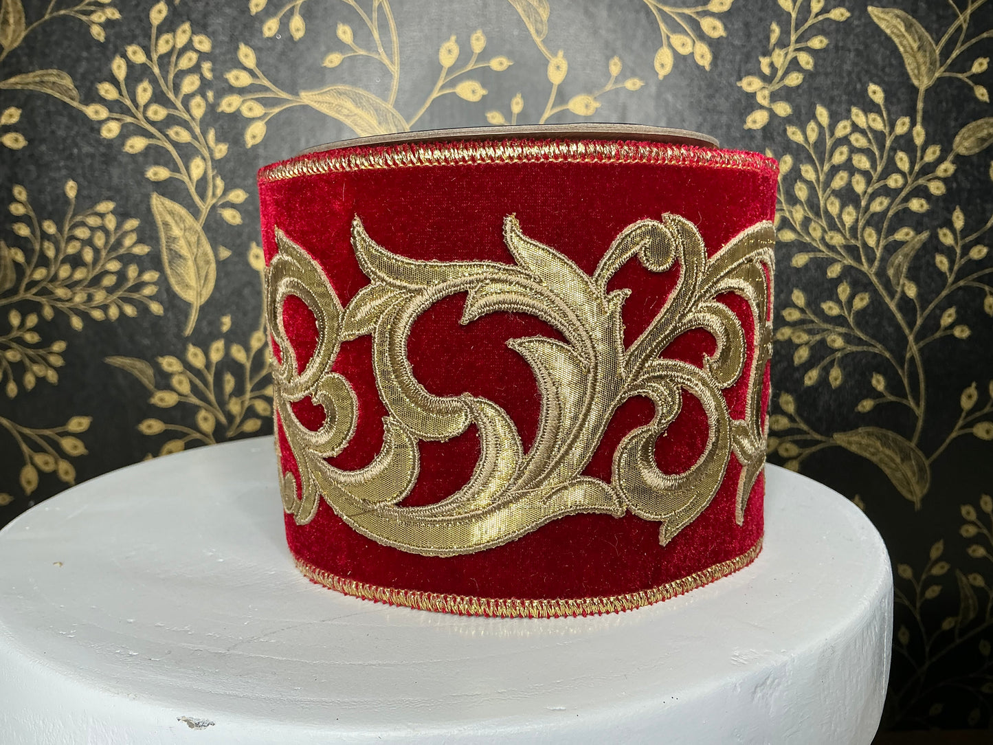 Red velvet with gold trim ribbon, Nancy Brown, 4”x5YD, 25-19783-R