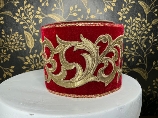 Red velvet with gold trim ribbon, Nancy Brown, 4”x5YD, 25-19783-R