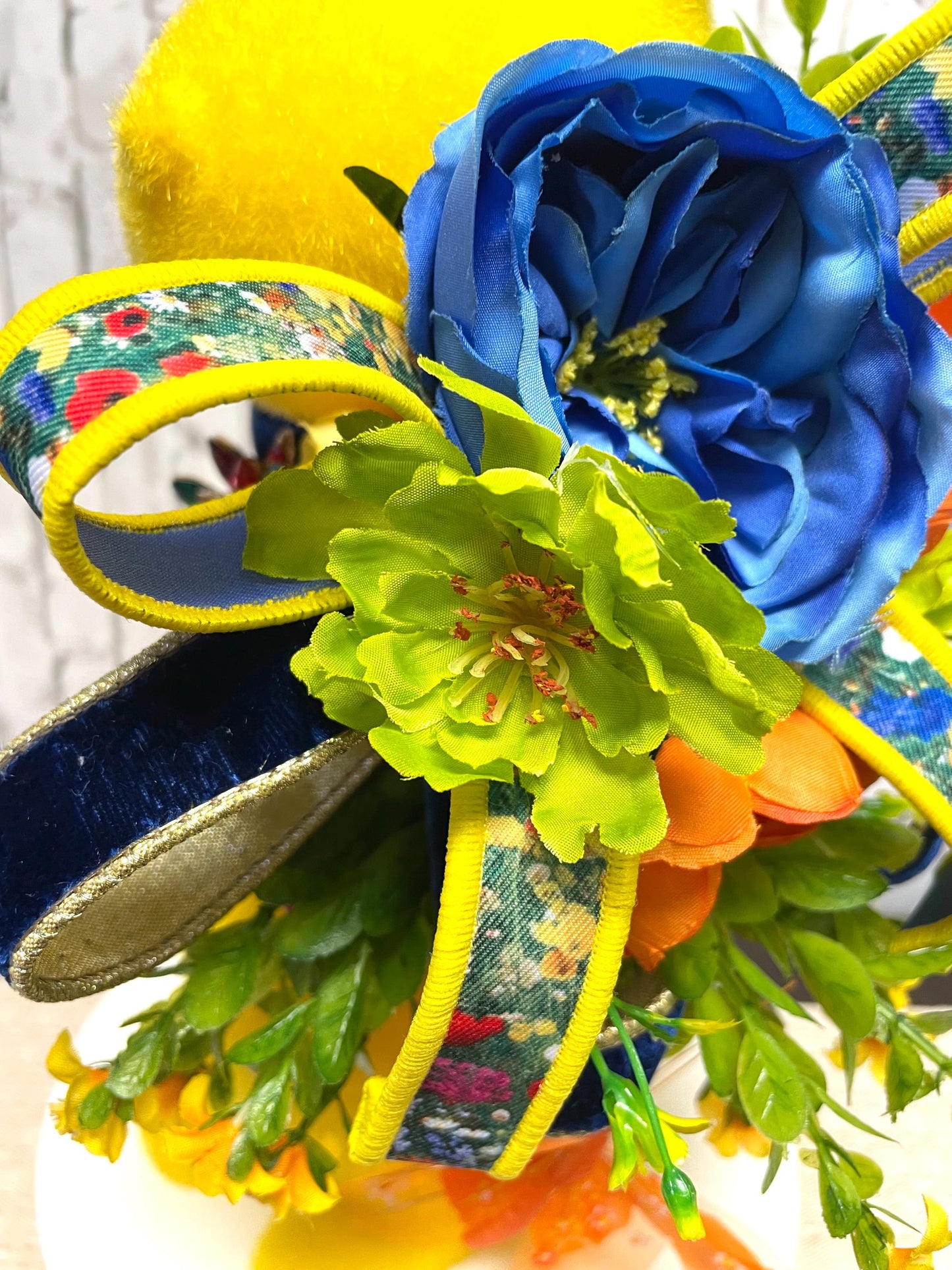 flocked bunny with flowers and gems, Easter decor, Easter bunny decor, glam bunny decor, 16 inch bunny decor, yellow bunny decor, gift