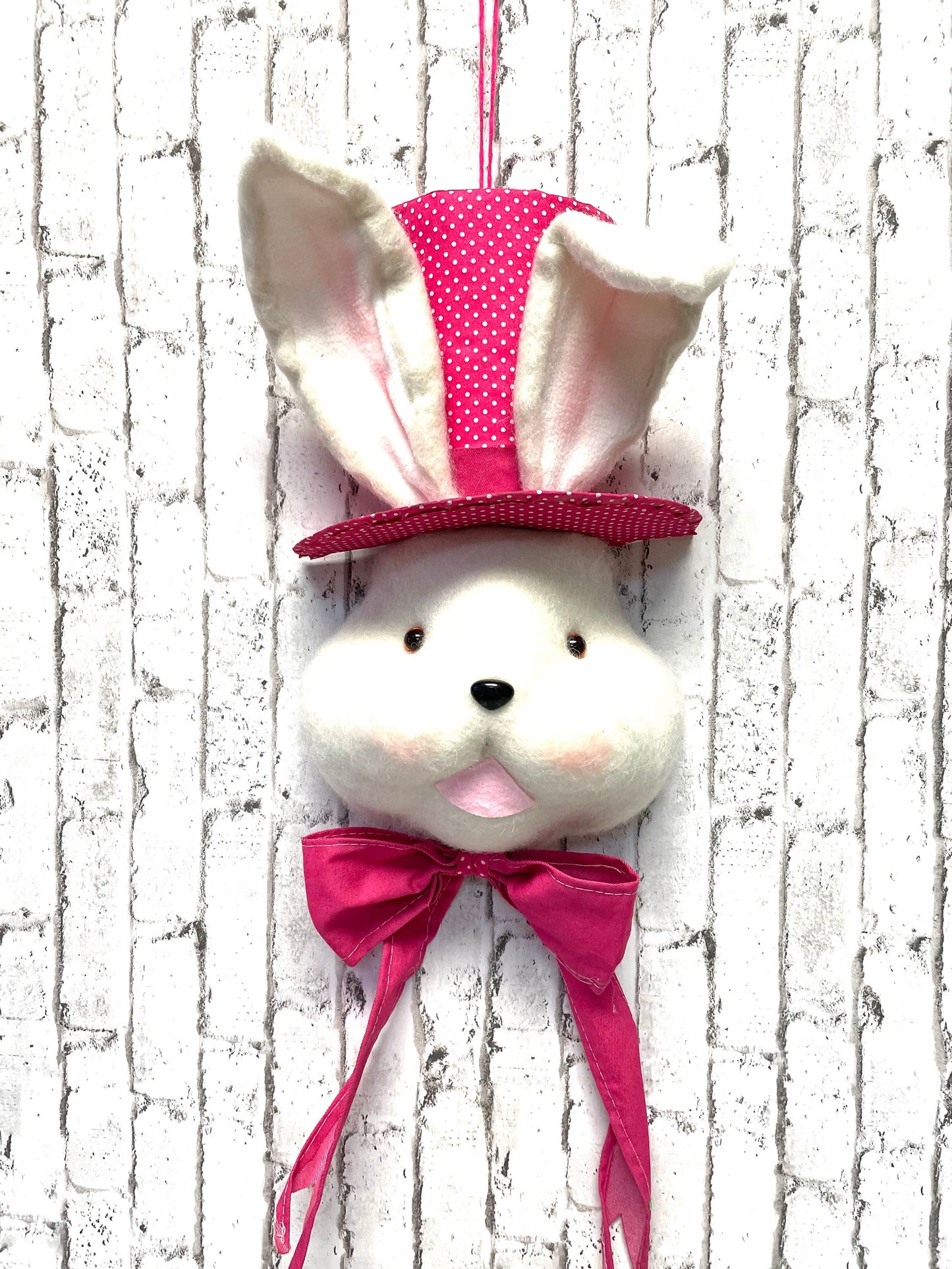 White Bunny With Hot Pink Hat and Bow - Wreath Attachment