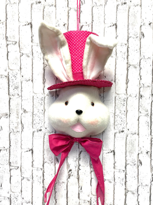 White Bunny With Hot Pink Hat and Bow - Wreath Attachment