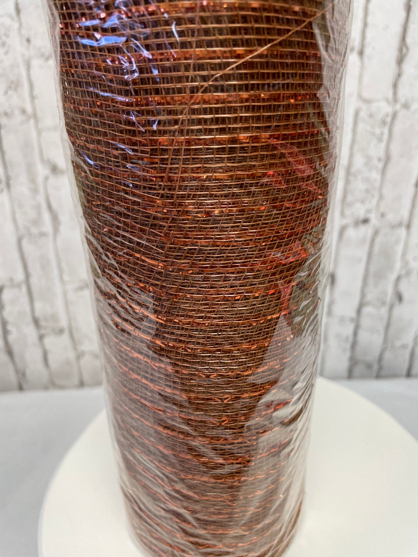 Coppery brown mesh with copper tinsel stripes, RE130104, fall mesh, thanksgiving mesh