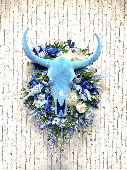cow wreath, cow skull wreath, blue bonnet wreath, country wreath, country decor, farmhouse decor,rustic decor,  free shipping.