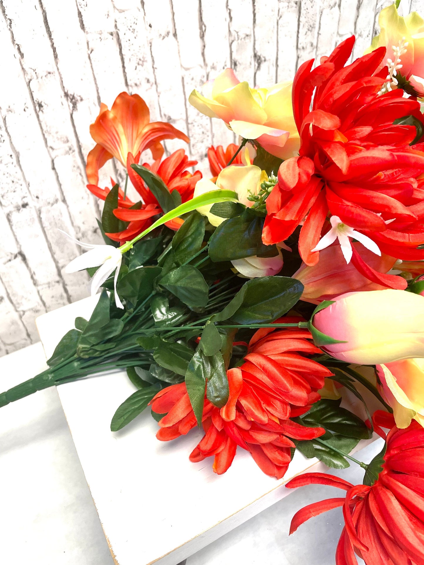 Mum Lily rose bush, 35101COOR, silk floral bush, orange silk flowers, orange silk bush, spring florals, summer florals