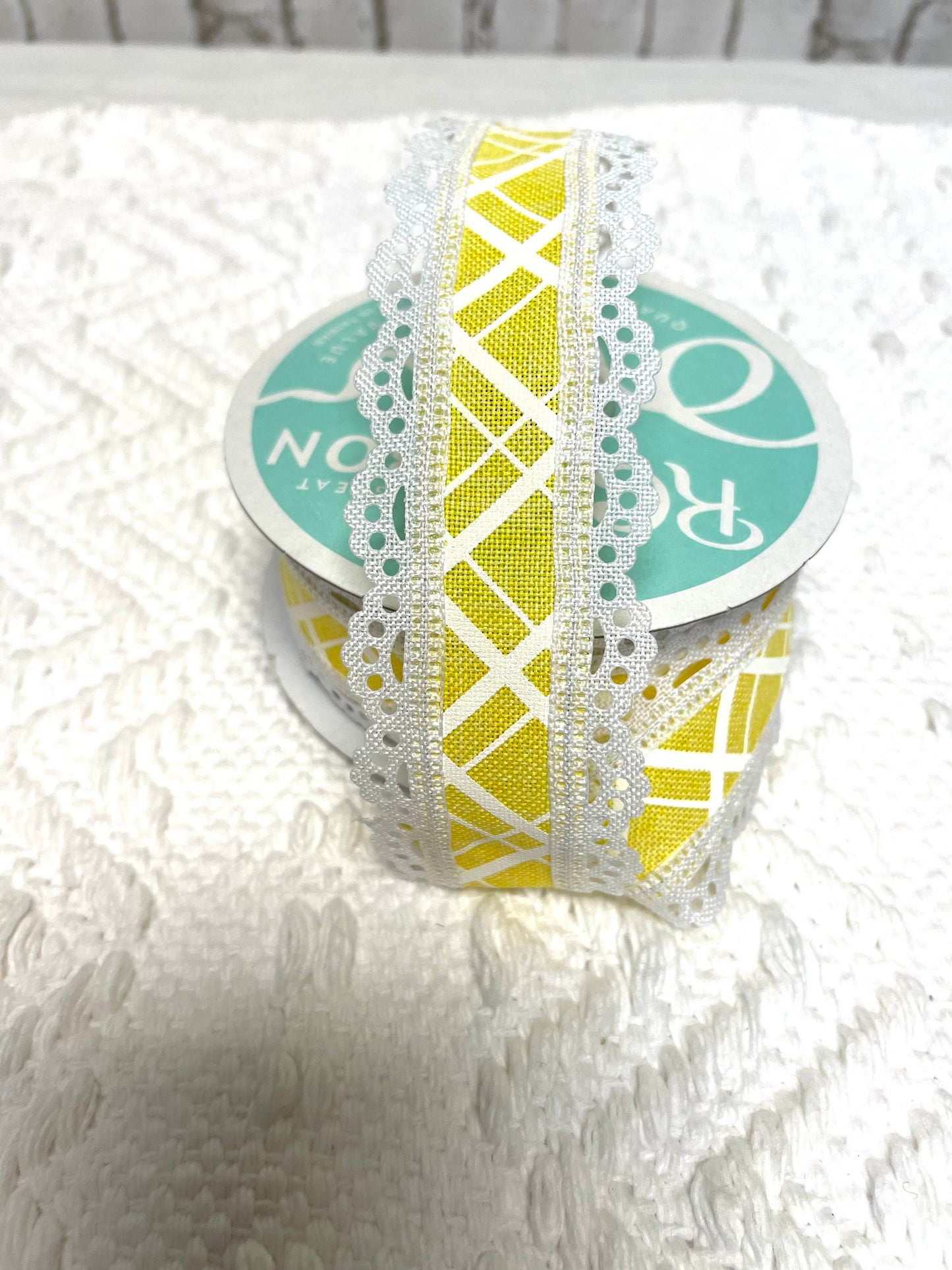 Yellow check ribbon with lace trim, RGA856529, 1.5 yellow ribbon with lace trim, spring ribbon, summer ribbon, everyday ribbon