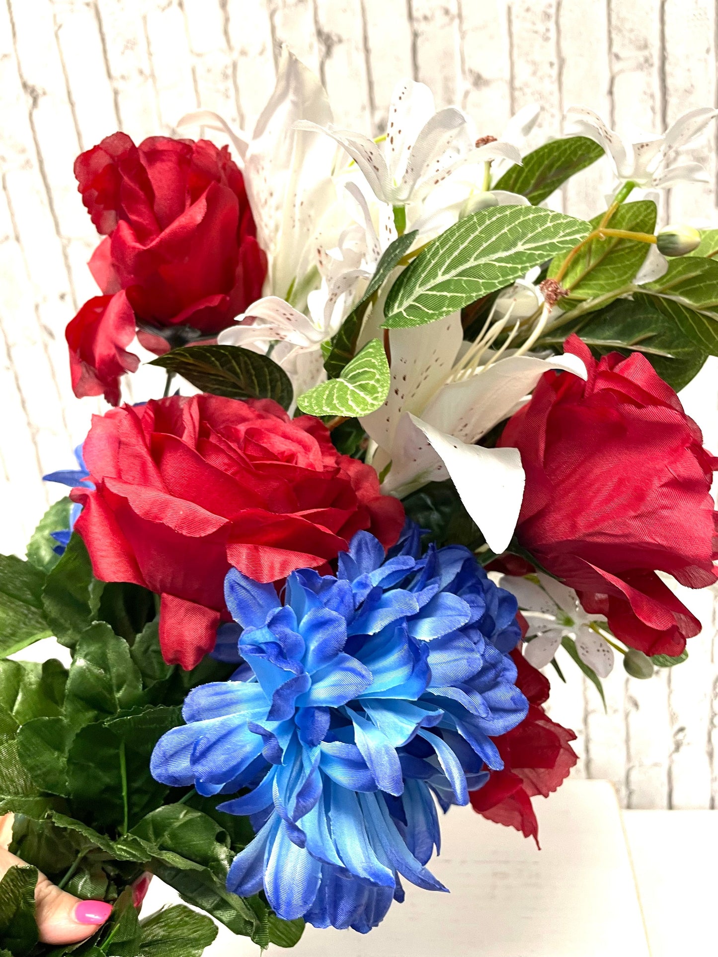 Patriotic silk bush, patriotic bush, patriotic cemetery silk flowers, 35121RWB,