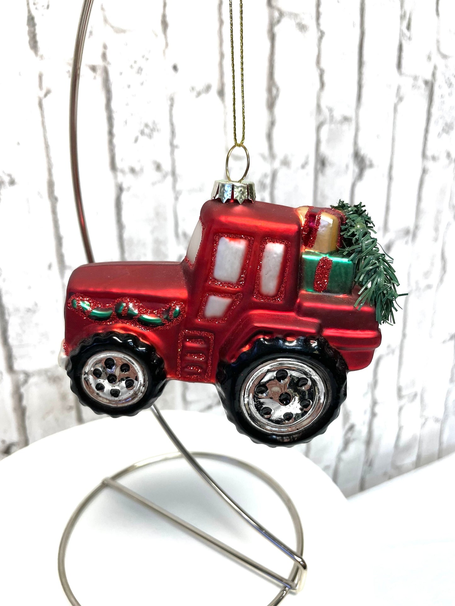 Red tractor with wreath Christmas ornament
