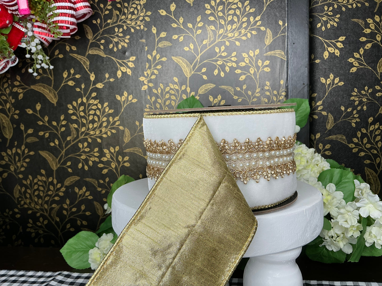 White Velvet ribbon with jewel and pearl trim - d stevens