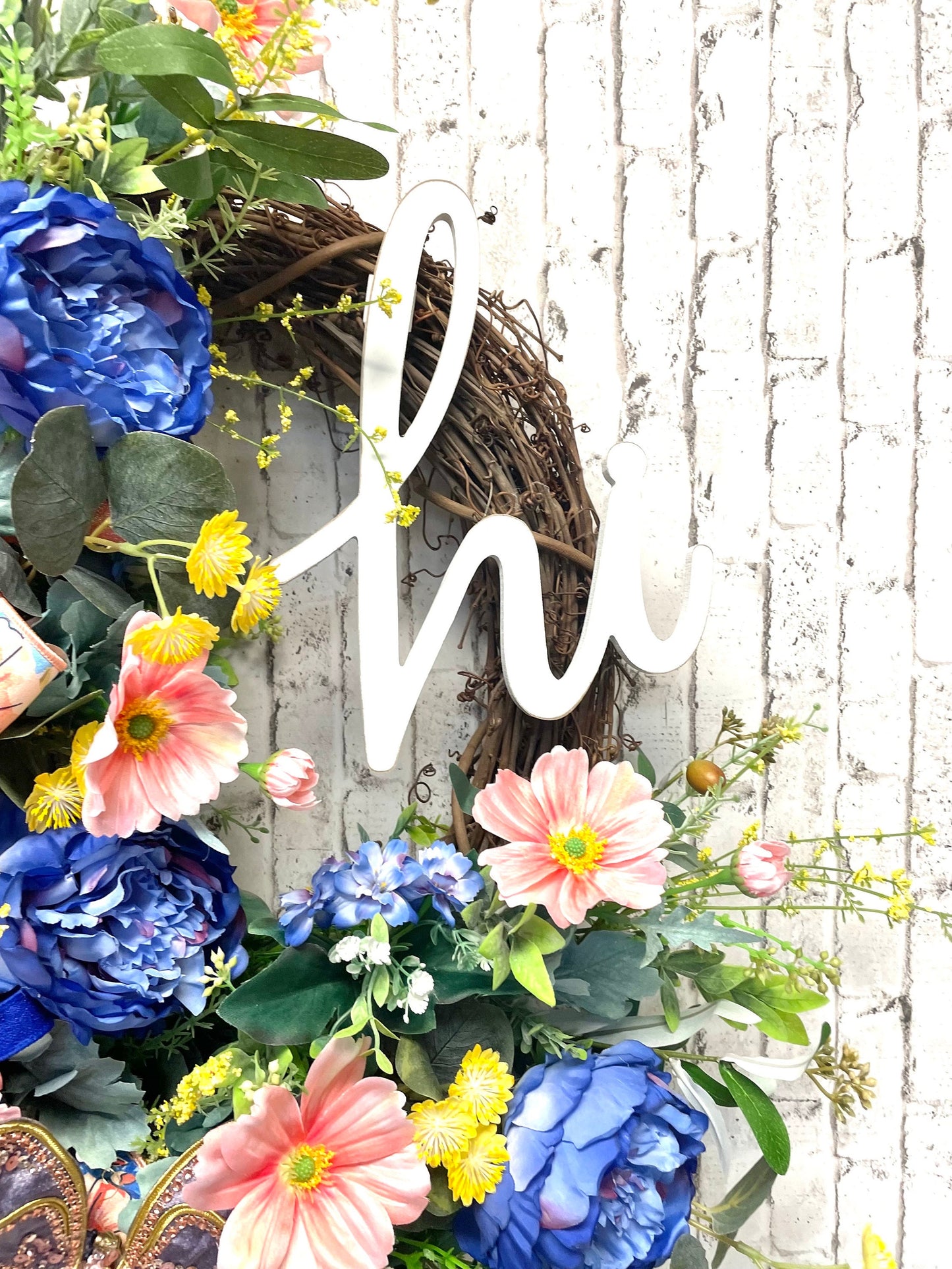 spring wreath, summer wreath, grapevine wreath, peach wreath, blue wreath, housewarming gift, butterfly wreath, shipping included