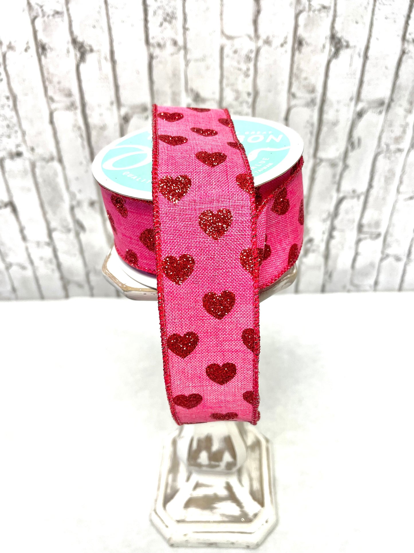 RGA173711, hot pink royal burlap ribbon with red glitter hearts