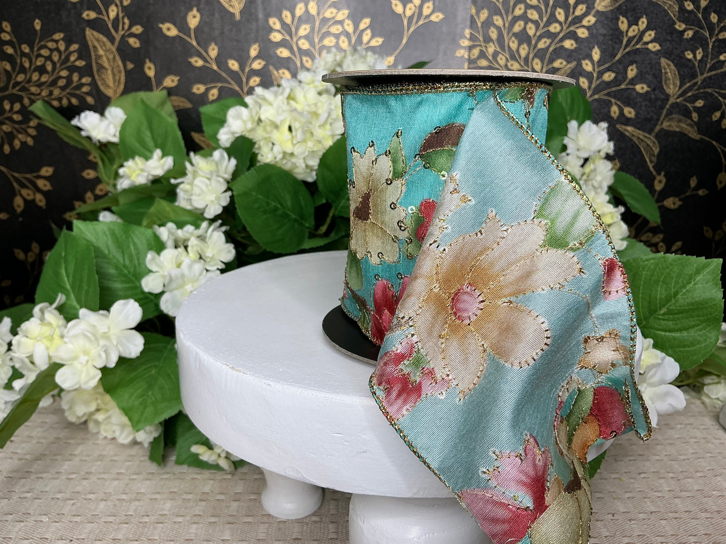Teal Floral Ribbon - d stevens - 88-4825
