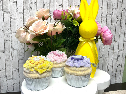 4” Cupcake Set, Vintage Easter Bloom Cupcakes, Purple Pink and Yellow, with white flowers, MT26324