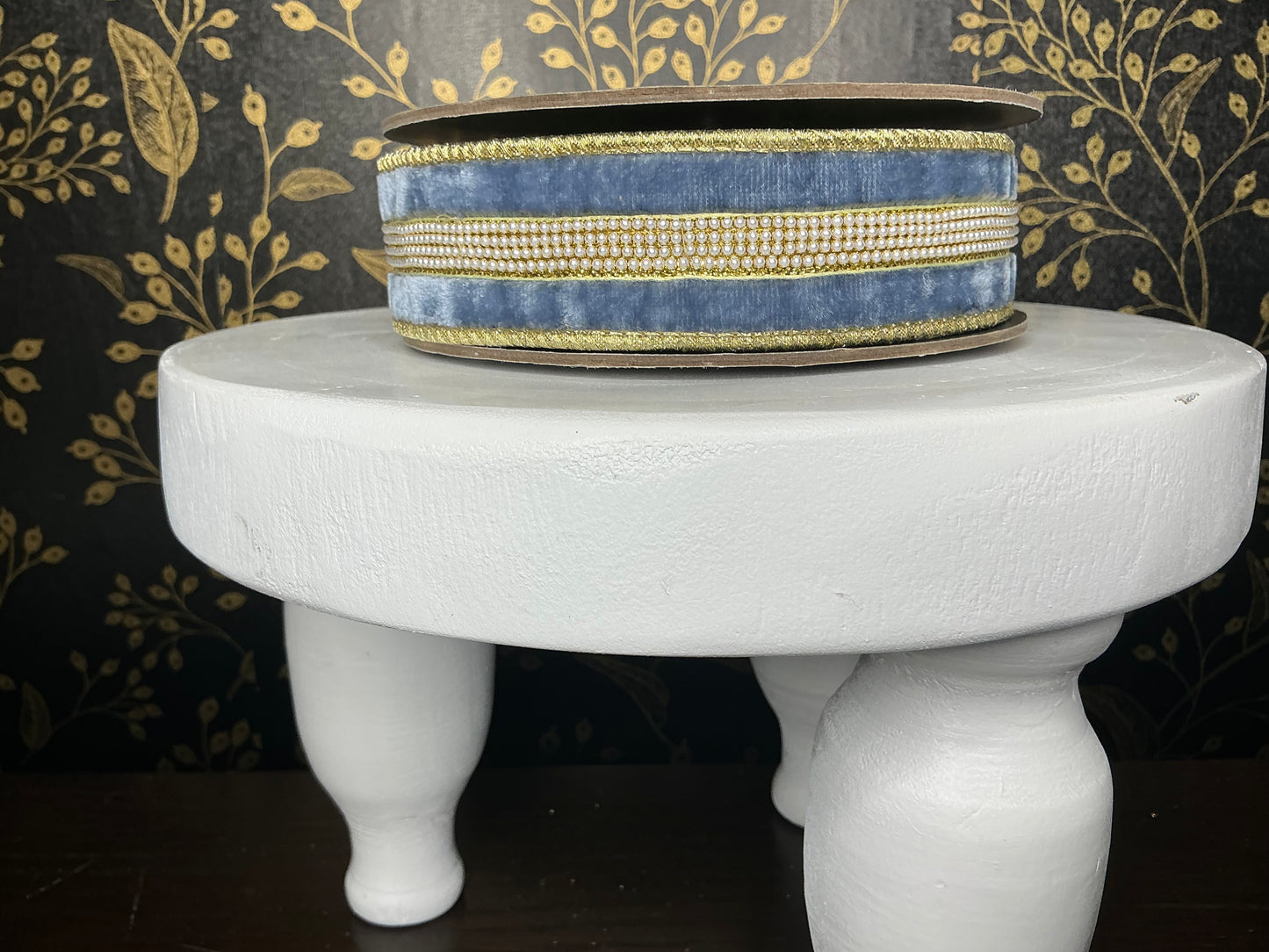 Dusty Blue Velvet Ribbon with Gold and Pearls - d stevens