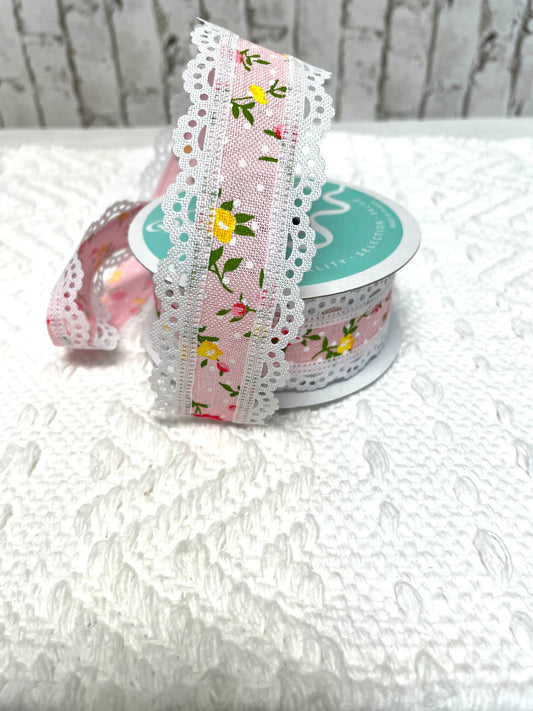 Pink vintage floral ribbon with lace trim, RGA856715