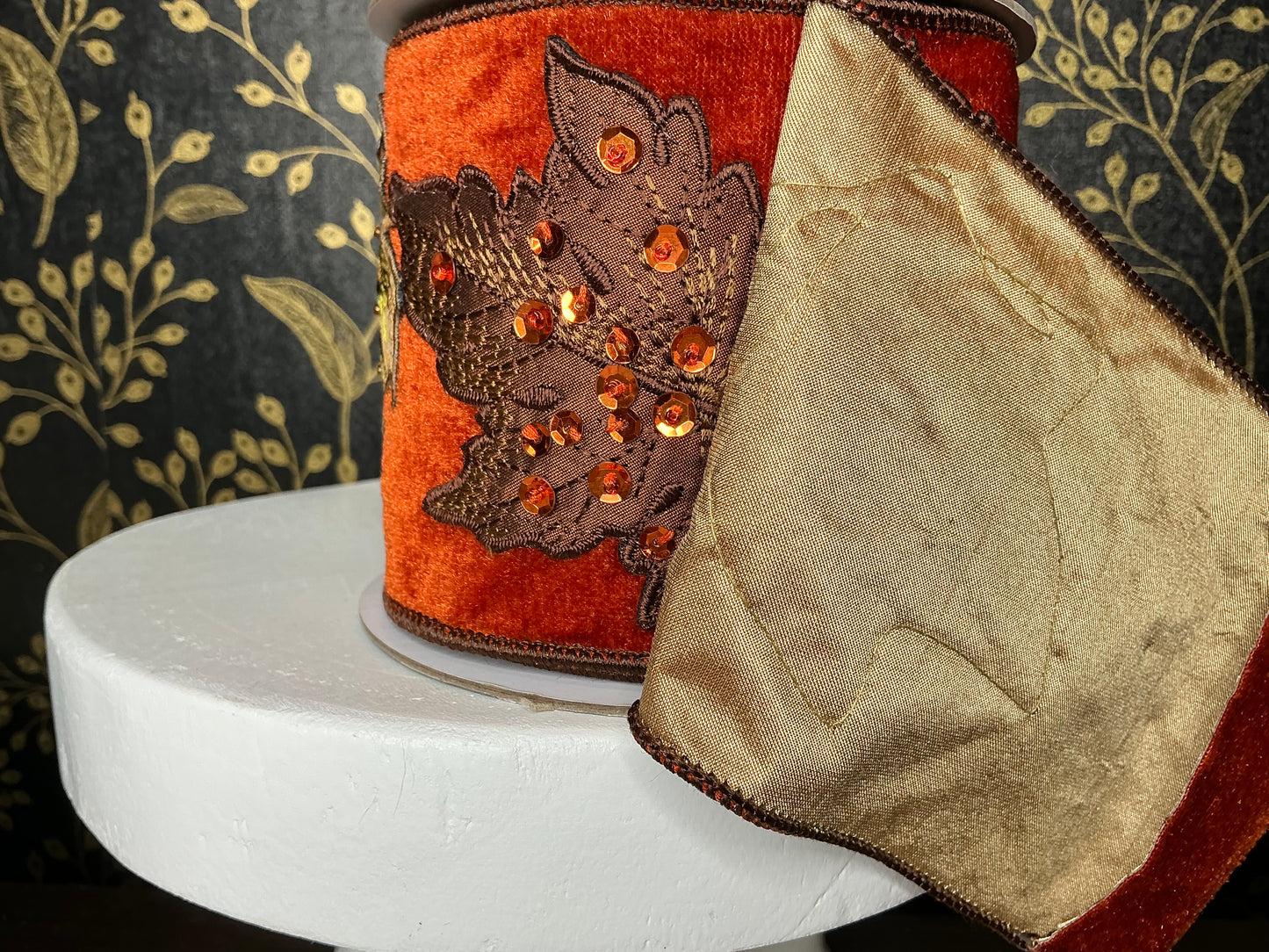 Orange velvet ribbon with fall leaves, 4”x5YD, 20-FL488