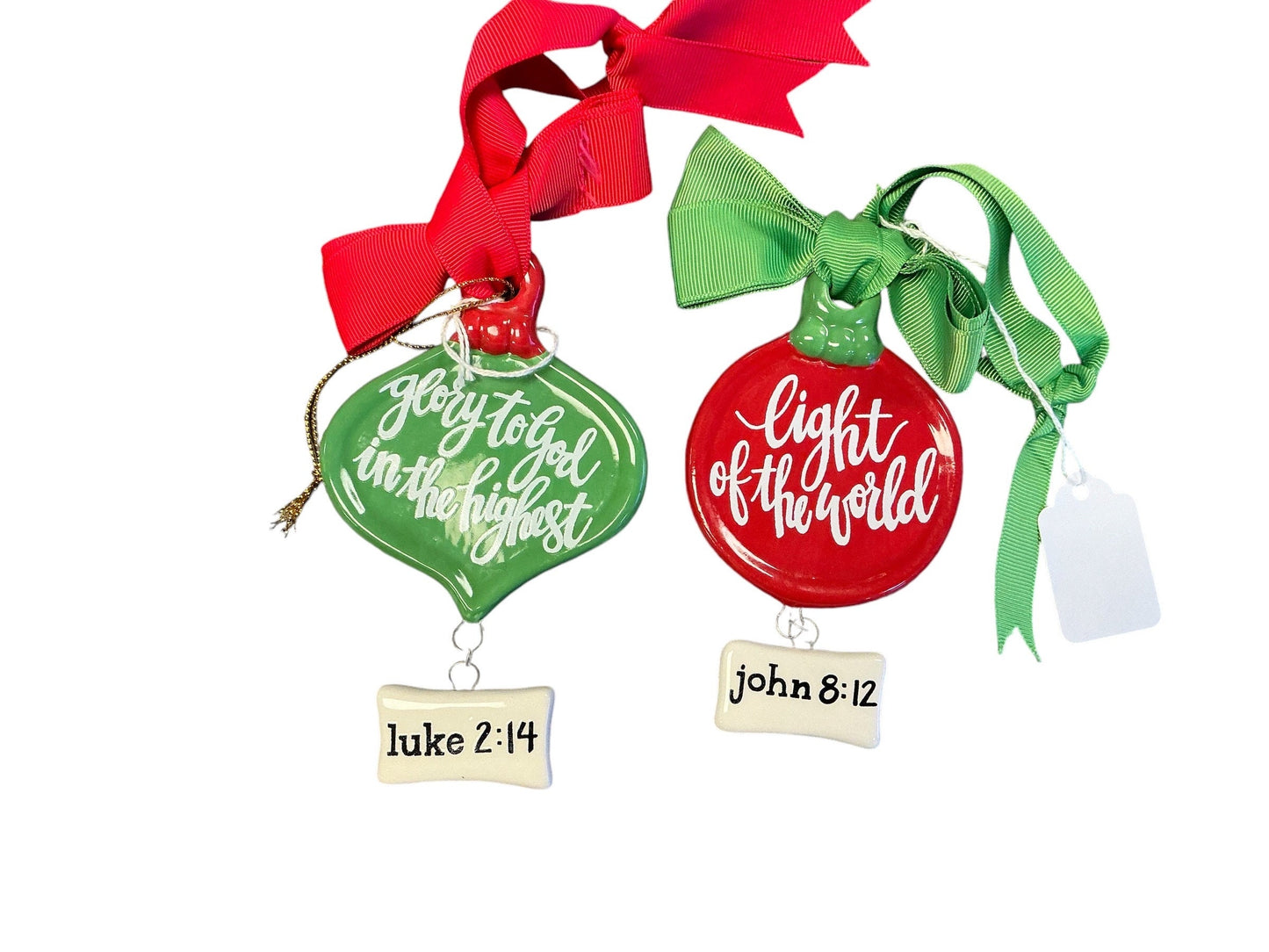 green and red Christmas ornament, Luke 2:14, glory to god in the highest