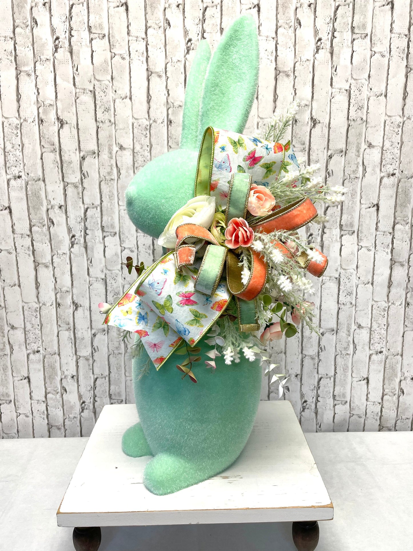 Flocked Easter bunny with jewels and florals, X-Large flocked bunny, mint flocked bunny, Easter decor, not styrofoam, shipping included