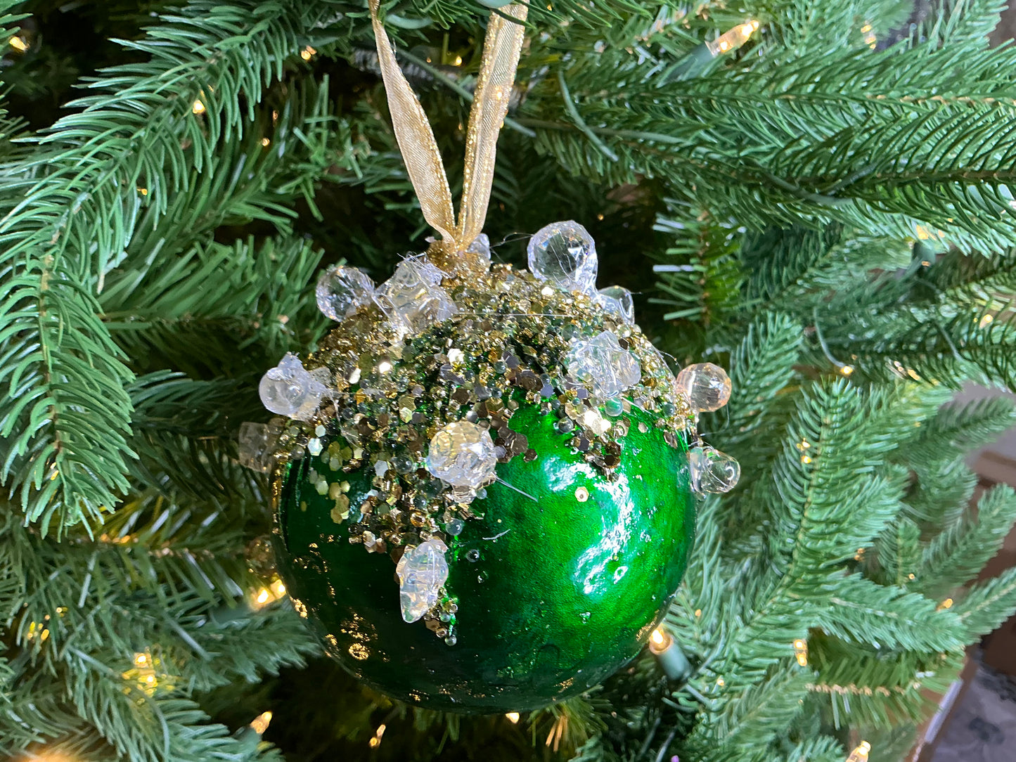 Emerald Green Heavy Jeweled Ball Ornament