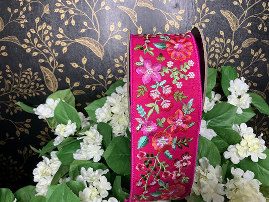 Hot pink emboirdered ribbon - D Stevens - 3”x5YD, 05-1766