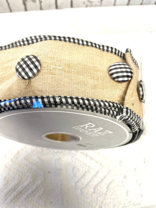 R3927747, burlap with black white check trim with buttons
